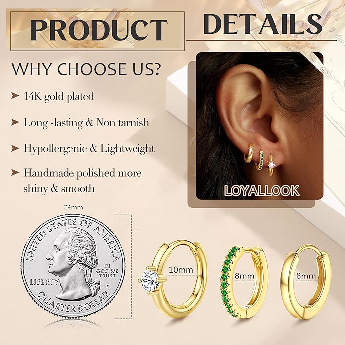 LOYALLOOK 3Pairs Gold Hoop Earrings Set for Women Trendy Huggie Hoop Earrings Stacks for Multiple Piercing 14K Gold Plated Chunky Hoop Earrings Set Hypoallergenic Cartilage Earring Lightweight