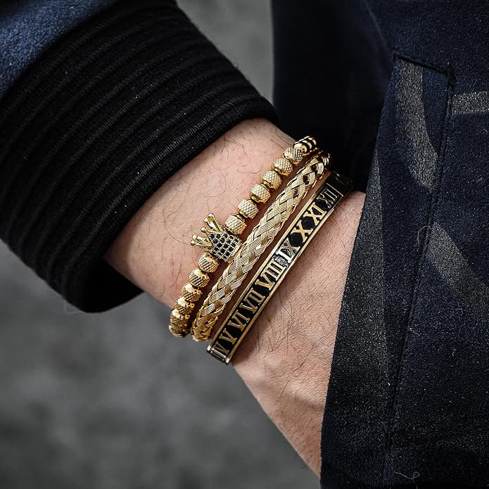 WFYOU 3PCS Stainless Steel Bracelets for Men Gold Roman Numeral Bangle Bracelet Twisted Cable Bracelet Adjustable Cuff Bracelet Mens Luxury Jewelry Bracelets Gifts