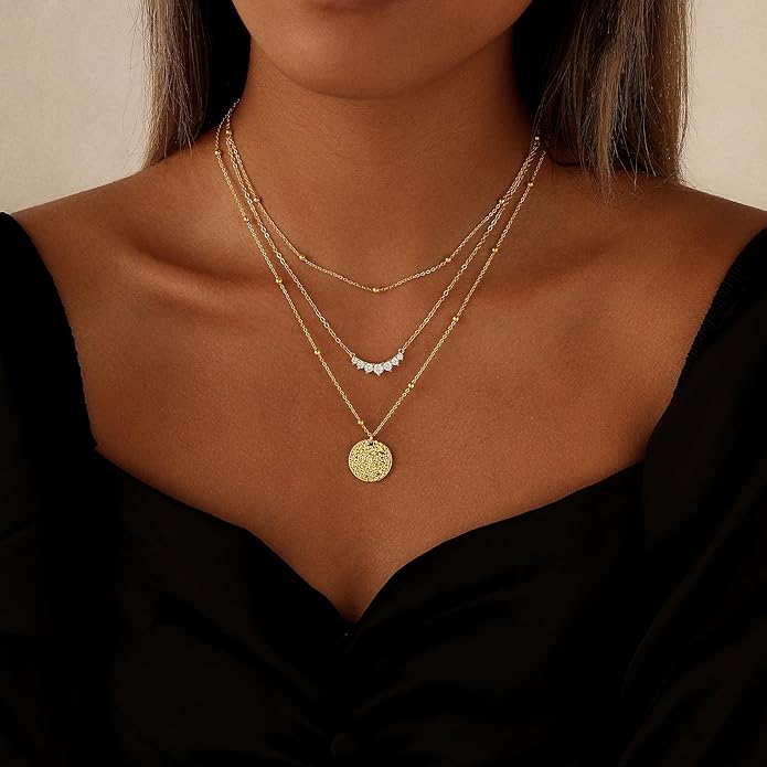 Layered Necklaces for Women 14K Gold Plated Stack Circle Pendant Trendy Long Chain Stackable Handmade Coin Necklace Set Dainty Gold Stacked Jewelry Gifts