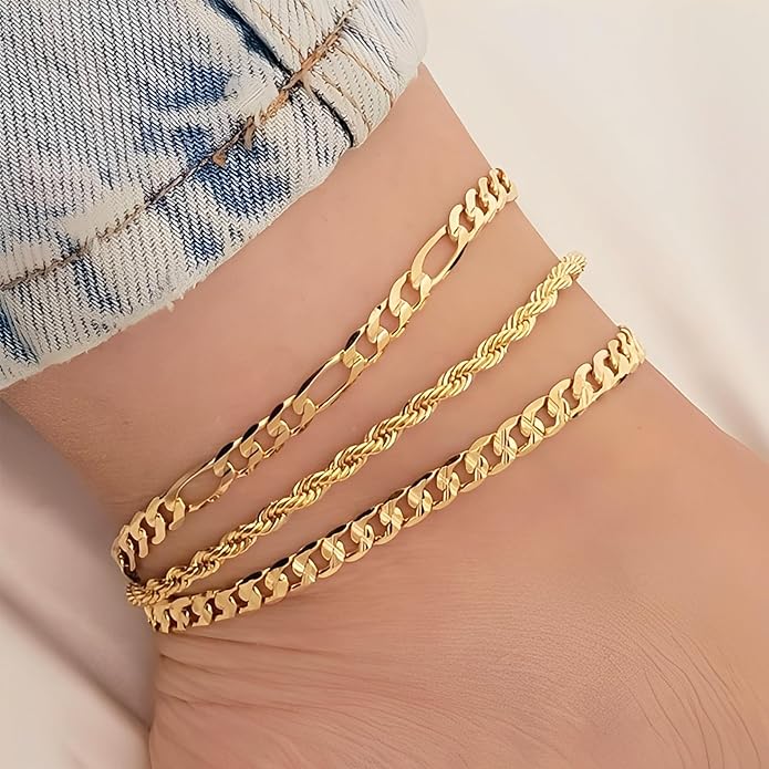 iF YOU Gold Ankle Bracelets for Women, 14k Gold Plated Waterproof Cuban Link Chain Anklets Set, Layered Anklet Bracelets for Women Beach Gift Adjustable Size 5pc