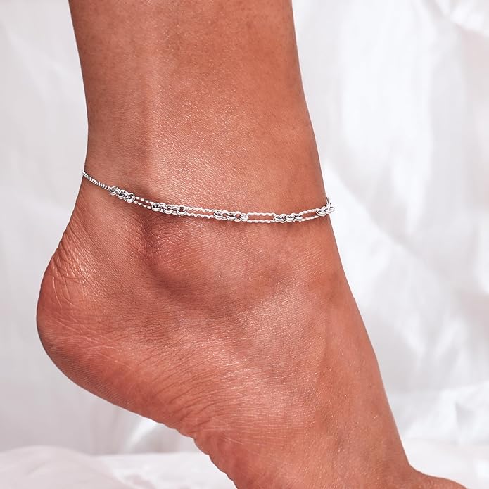 CHIC & ARTSY 925 Sterling Silver Ankle Bracelet Multilayer Anklets for Women Satellite, Star, Cross, Circle, Butterfly, Teardrop, Oval Disk Layered Anklet Beach Jewelry