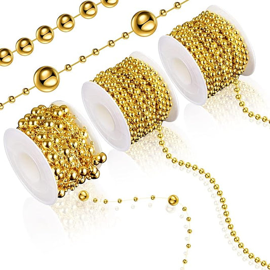 Bonuci 3 Rolls 66 Feet Pearls String Garland Faux Pearl Garland Spool Roll Strand Decoration Artificial Beads Chain Trim for Crafting String of Flowers Valentine Wedding Party(Gold,4mm)