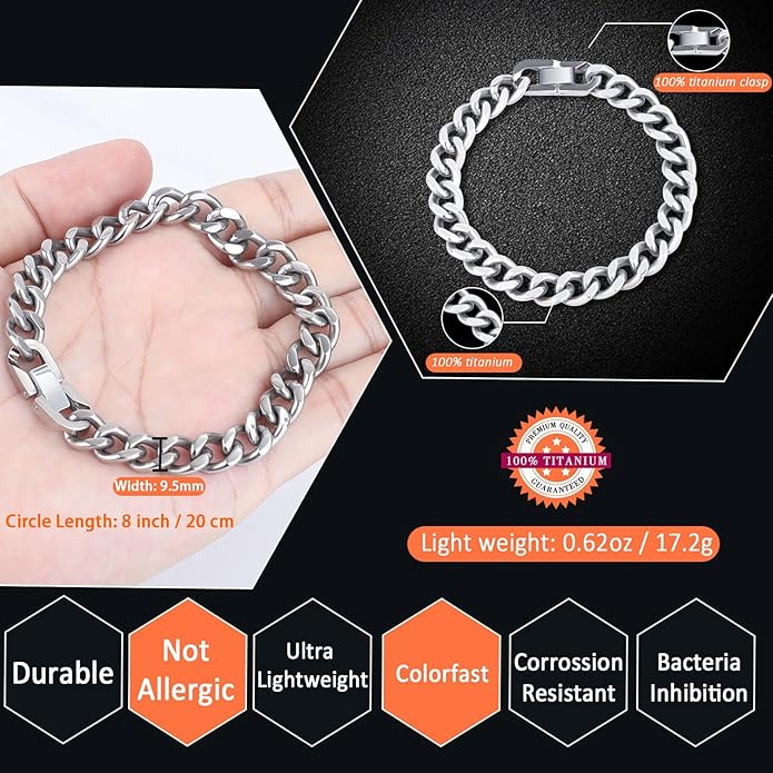 SanThree 9.5mm Solid Titanium Cuban Link Chain Bracelet for Men, Lightweight Skin-Friendly Hip Hop Bracelets for Birthday Graduation Friendship, 7"/7.5"/8",8.6"-9", Come with Gift Box