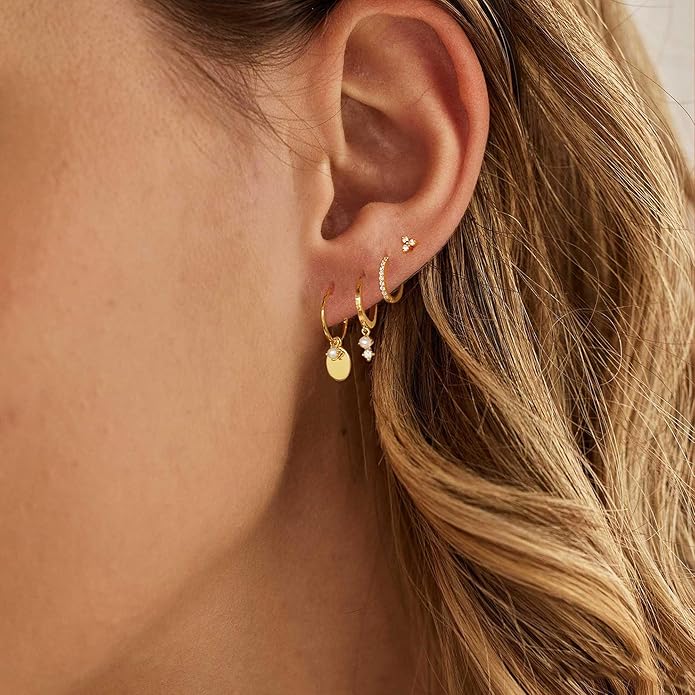 Gold Plated Earrings for Women, 14k Gold Plated Earring Stack Hypoallergenic Pearl Drop Earring Dainty Earrings for Women Trendy Cute Small Huggie Hoop Earring Fashion Womens Jewelry
