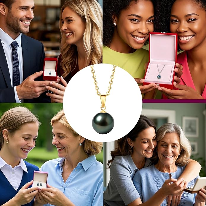 Genuine Tahitian Black Pearl Necklace for Women, 9-12mm AAAAA Handpicked Natural Black Pearl Pendant with 18K White Gold Plated Sterling Silver Chain, Luxury Jewelry Birthday Gifts for Wife, Women, Mother, Girlfriend, Anniversary, Valentines, Mothers Day