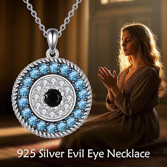 YFN Evil Eye Pendant Necklace for Women 925 Sterling Silver Greek Protection Jewelry with Blue Sapphire and Black Cz Amulet Gift