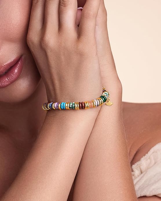 Colorful 18K Gold Plated Bracelets for Women, Stack Bangle Beaded Stone Jewelry Accessories Set for Woman, Trendy Fashion Jewelry Gifts