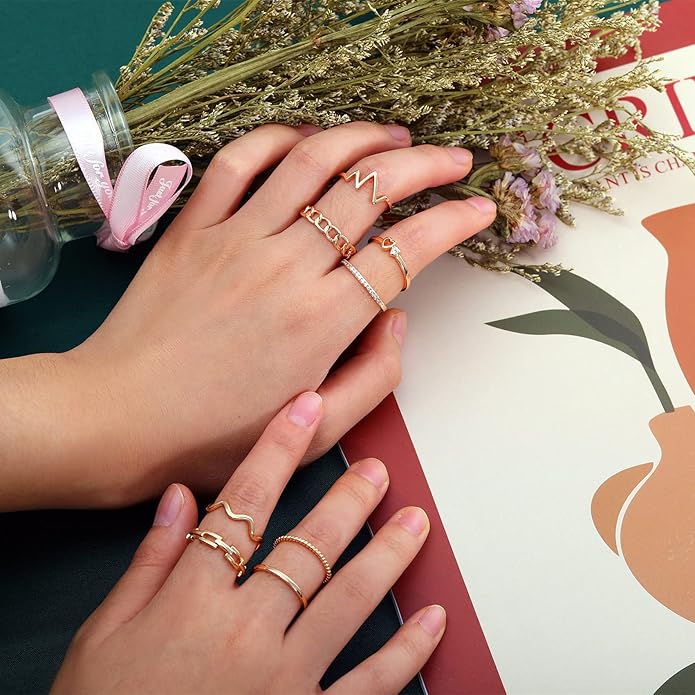 Honsny 14K Gold Plated Stacking Rings Set for Women, Stackable Knuckle Thumb Rings Thin Dainty Silver Rings for Women Wedding Eternity Band Simple Rose Gold Ring Size 4-11