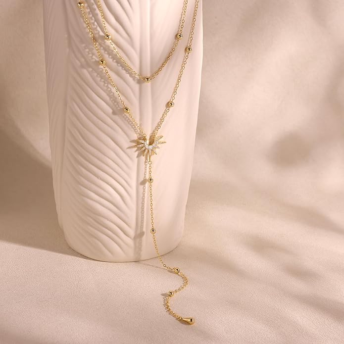 CHESKY Lariat Gold Necklace for Women Trendy, Dainty Long Necklace 14k Gold Plated/Silver Y-Shaped Pendant Necklace Layered Cz Beaded Chain Drop Necklaces Simple Gold Jewelry For Women Gift