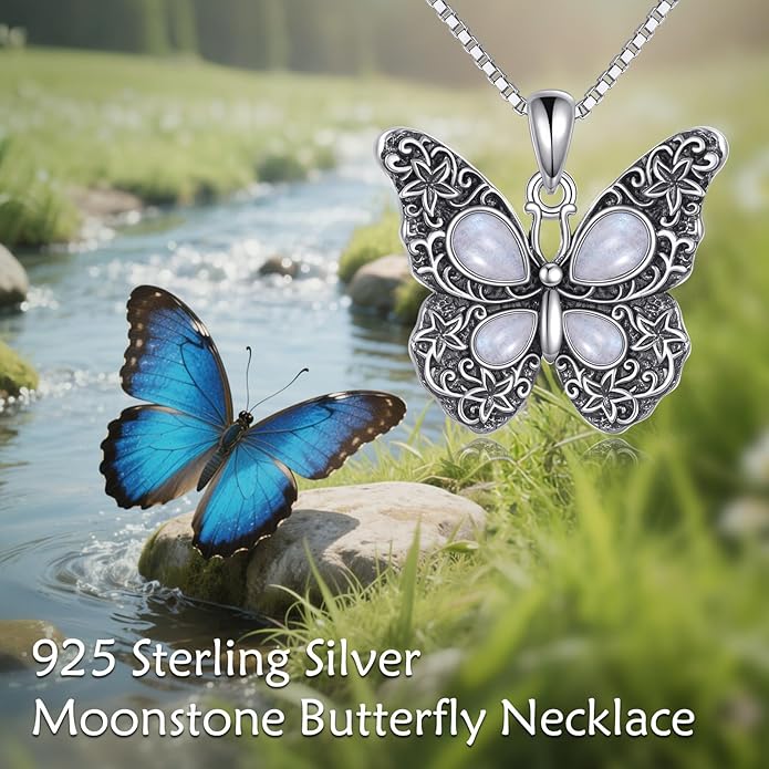 Butterfly Moonstone Necklace, 925 Sterling Silver Vintage Pendant with Natural Gemstone, Boho Hypoallergenic Jewelry Gift for Her