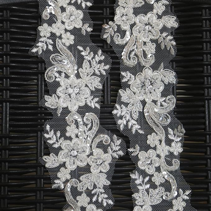 G-RUI 6cm*2yards Ivory White Luxury Beaded Embroidery Flower lace Appliques for Wedding Dresses Rhinestone Applique Patches Embroidery lace parches ropa (Off White Color)…