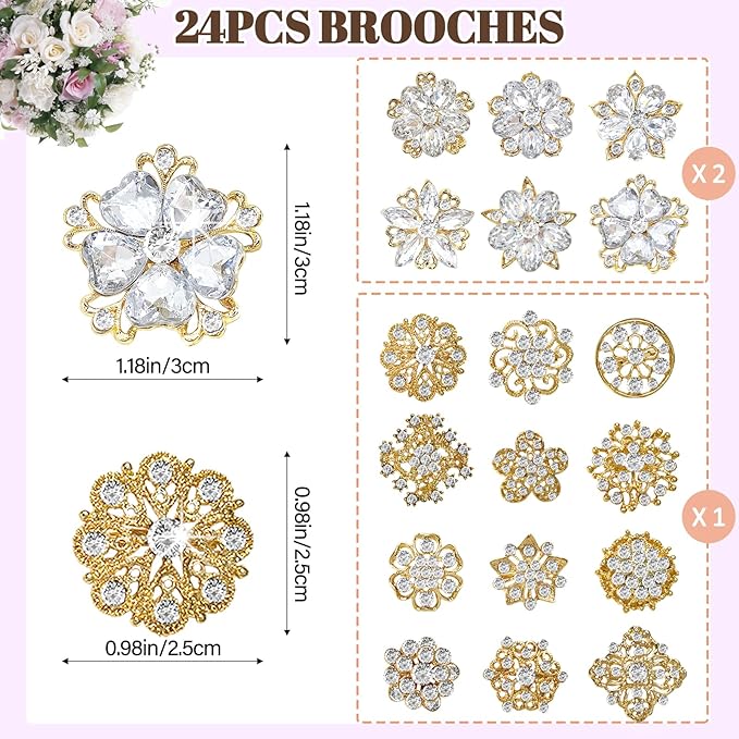 Yhsheen Rhinestone Brooches Bouquet Pins Corsage Boutonniere Pins Crystal Brooch Diamond kits for Wedding Accessories Jewelry Decoration DIY Craft Sewing(Gold)