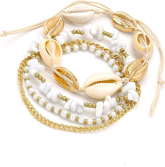 Shell Ankle Bracelet Set for Women, Gold Plated Boho Bead Adjustable Anklet, Hawaiian Beach Seashell Pearl Heart Starfish Conch Foot Jewelry Gifts