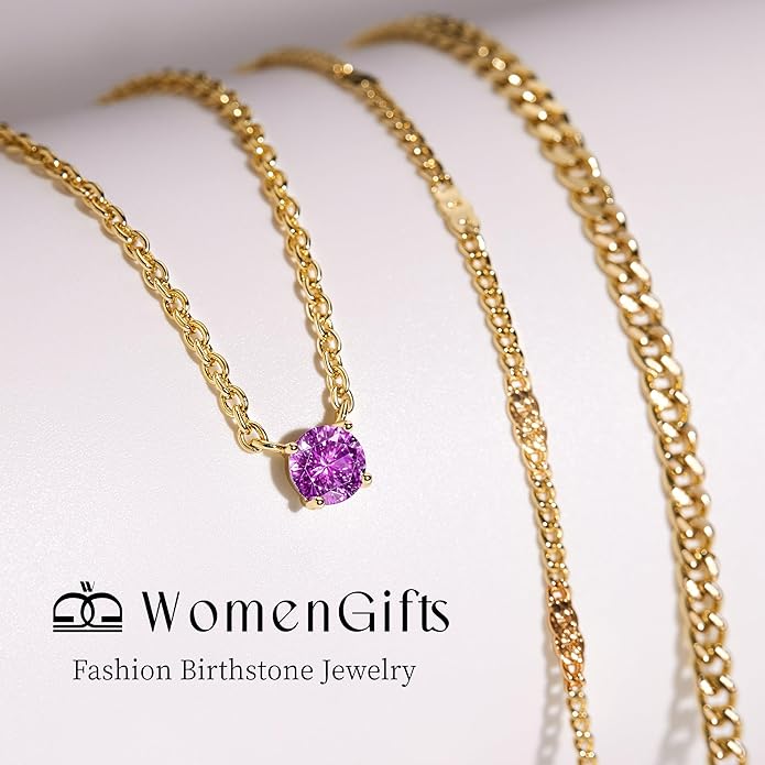 WomenGifts Layered Gold Necklaces for Women, 14K Gold Sterling Silver Plated Dainty Pendant Necklace Set with Cubic Zirconia Circle, Chunky Stackable Cuban Chain Choker, Trendy Personalized Birthstone Jewelry Gift Non Tarnish