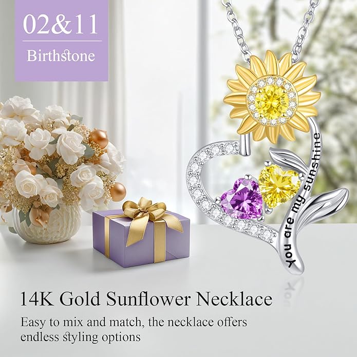 PERJI Valentine's Day Gifts for Women - 925 Sterling Silver Double Birthstone Sunflower Necklace, Anniversary Birthday Jewelry You are My Sunshine Gifts for Wife Couple Girlfriend 18"+2" Non Tarnish