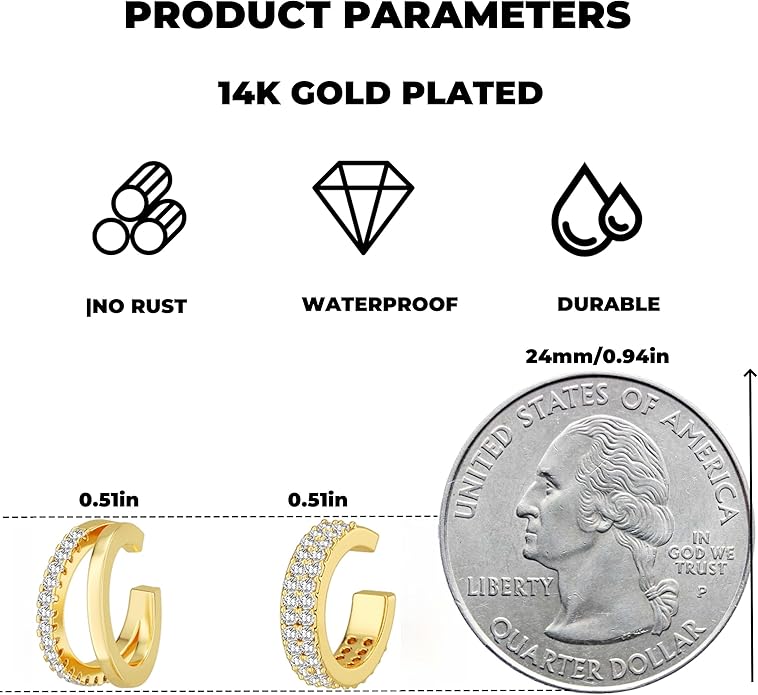 Gold Ear Cuffs Earrings for Women Non Piercing - Clip on Cartilage Earrings Dainty 14K Gold Sterling Silver Plated Cubic Zirconia Huggie Hoop Earring for Women No Tarnish Trendy Jewelry Set
