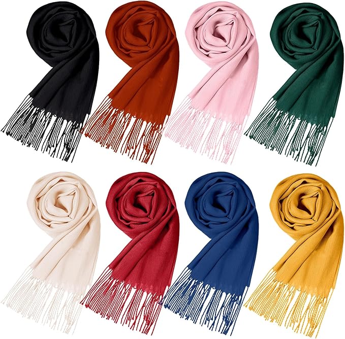 Suhine 8 Pcs Winter Scarves Bulk for Women Lightweight Blanket Scarf with Tassel Edge Pashmina Shawl for Women Men