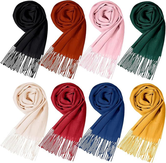 Suhine 8 Pcs Winter Scarves Bulk for Women Lightweight Blanket Scarf with Tassel Edge Pashmina Shawl for Women Men
