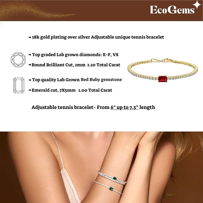 18K White/Yellow Gold Plated Silver Bracelet With Lab Grown Sapphire/Emerald/Ruby Surrounded With Lab Grown Diamond/Moissanite, Bracelet For Women Comes With Gift Box