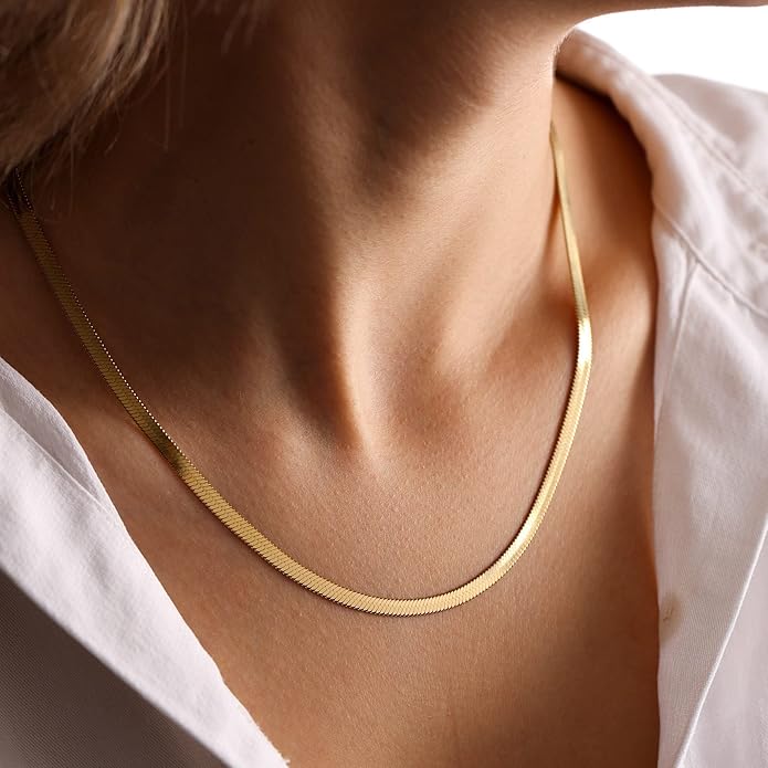 DEARMAY 14K Gold Plated Necklaces for Women, Dainty Gold Herringbone Choker Necklace Thin Layered Snake Chain Jewelry for Gifts