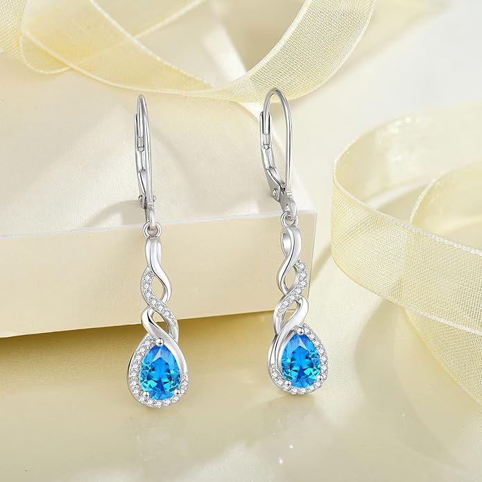 Infinity Dangle Drop Earrings for Women 925 Sterling Silver Teardrop Leverback Earrings Birthstone Jewelry Gifts for Women Wife Girlfriend Mother Daughter Her