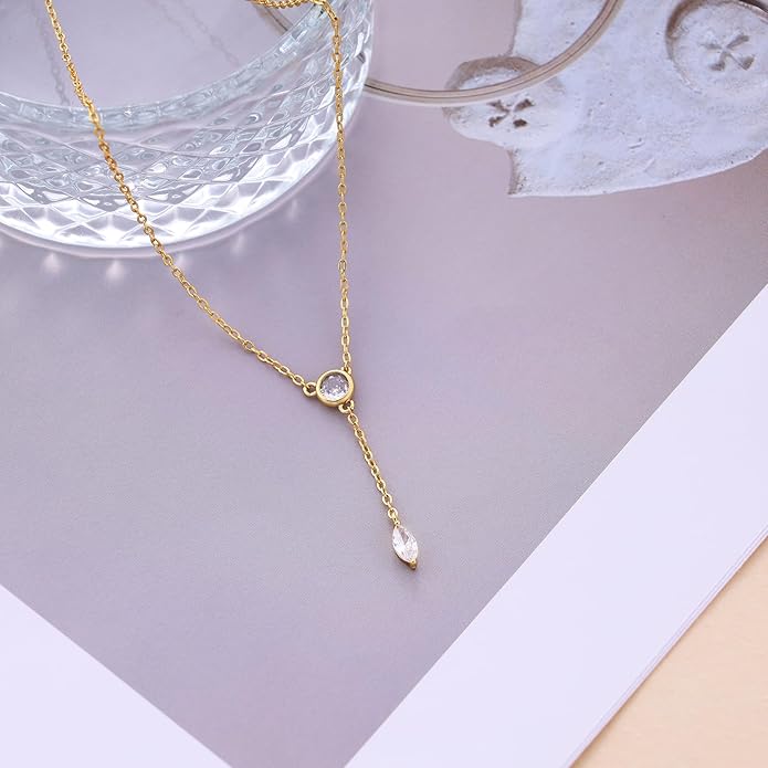 Gold Necklace for Women, Dainty Gold Long Necklaces 14k Gold Plated Prom Bar CZ Lariat Necklace Simple Choker Necklaces for Women Trendy Boho Fashion Costume Jewelry Womens