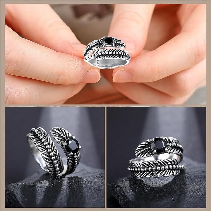 Sterling Silver Feather Ring with Black Onyx & Turquoise - Adjustable Stacking Vintage Statement Ring for Women & Men