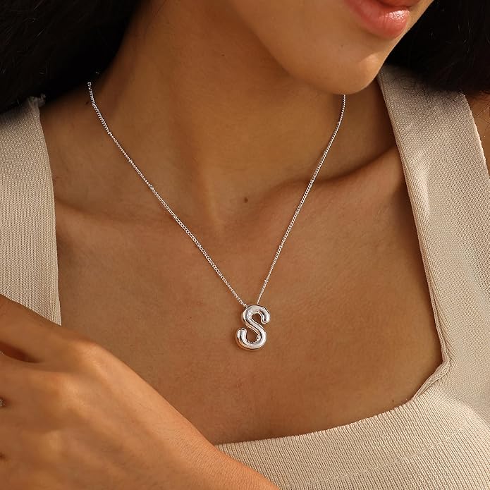 Initial Necklaces for Women, 14k Gold Plated Bubble Letter Necklace Chunky Gold Necklace Dainty Charm Initial Necklaces for Women Trendy Custom Preppy Stocking Stuff Necklace Christmas Gifts