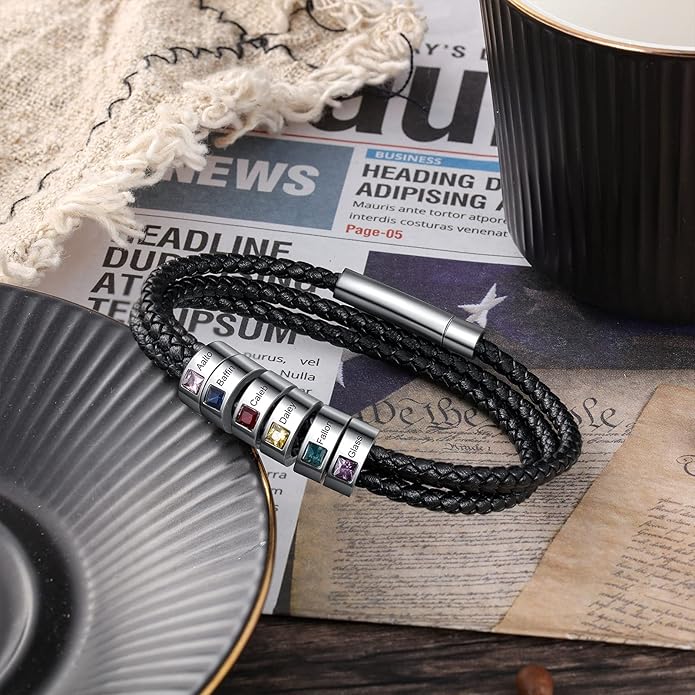 kaululu Custom Leather Bracelet for Men with 1/2/3/4/5/6/7/8 Birthstones Engraved Stainless Steel Beads Personalized Names Bracelet for Father's Day Christmas Thanksgiving Gift for Men