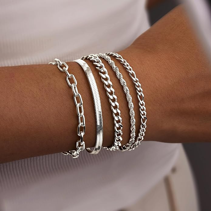 Gold Bracelets for Women Non Tainish,Dainty Bracelets Stack for Women Trendy, Gold Plated Cuff Bracelets Stack With Beaded Cuban Paperclip Snake Rope Bangle Hand Chain Jewelry Gifts for Women