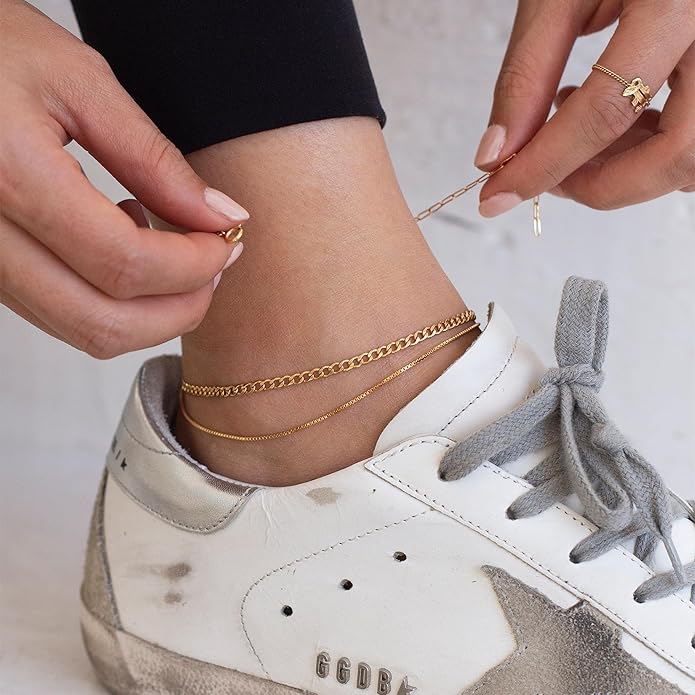 Ritach Ankle Bracelets for Women - Silver/Gold Plated Stainless Steel Anklets for Women Waterproof Layered Cuban Link Figaro Chain Heart Anklets Set Summer Beach Jewelry Gifts