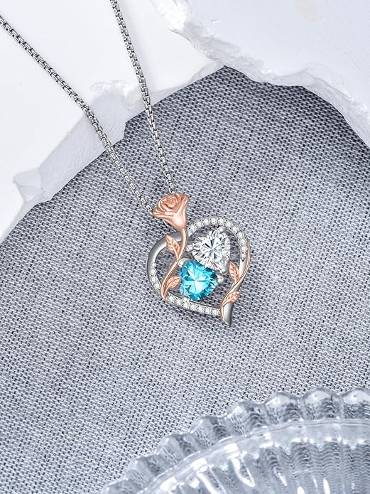 Christmas Gifts for Women Rose Heart Birthstone Pendant Necklace I Love You Forever Jewelry Valentine Mothers Day Birthday Gifts for Women Her Wife Girlfriend