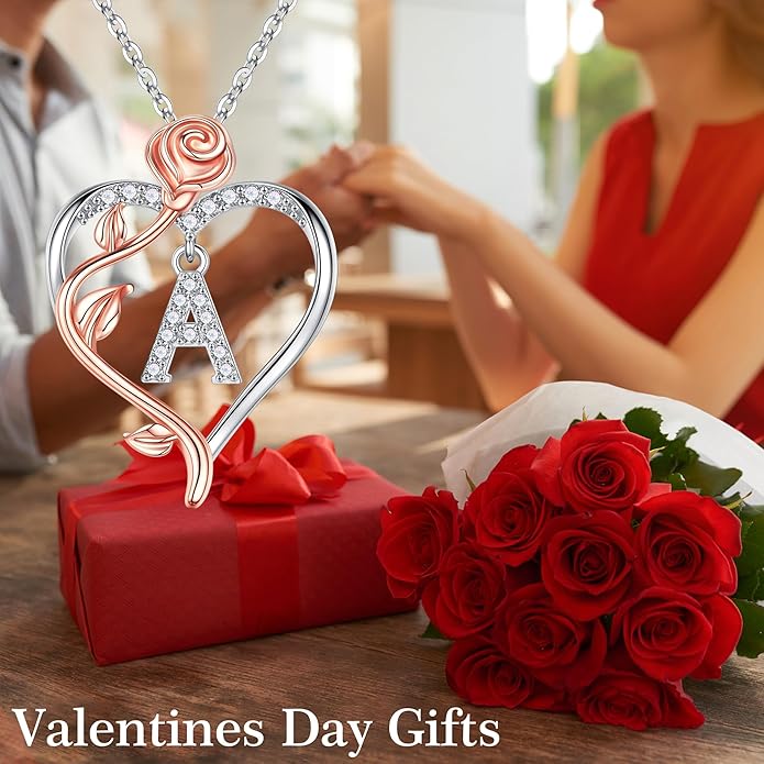 Iefil Rose Heart Necklaces Gifts for Women - 925 Sterling Silver Rose Heart Initial Necklace, Anniversary Birthday Gifts for Women, Jewelry Gift for Her Wife Girlfriend Mom Daughter