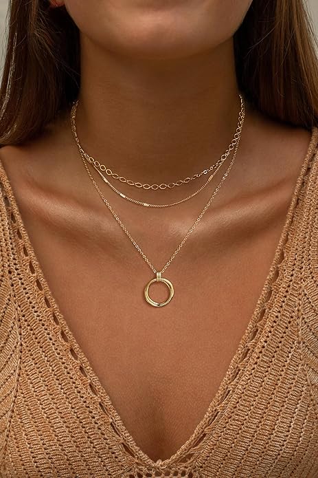 Layered Necklace for Women 14K Gold Plated Dainty Paperclip Herringbone Pearl Cross Pendant Necklace Stack，Layering Chain Cuban Figaro Rope Chain Choker Trendy Gold Jewelry Gift