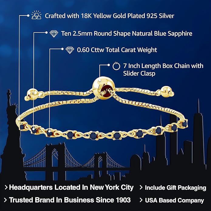 Gem Stone King Round Gemstone Birthstone Tennis Bracelet For Women | 925 Sterling Silver | 2.5MM Round | Fits Up To 9 Inch Wrist | Adjustable Bolo Bracelet For Women | Easy-On Easy-Off