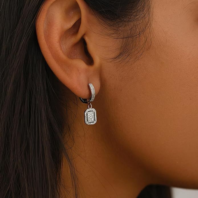 Rectangle CZ Dangle Wide Hoop Earrings for Women – 10mm Charm, 25mm Total Length, Elegant Gift Earrings.KT001