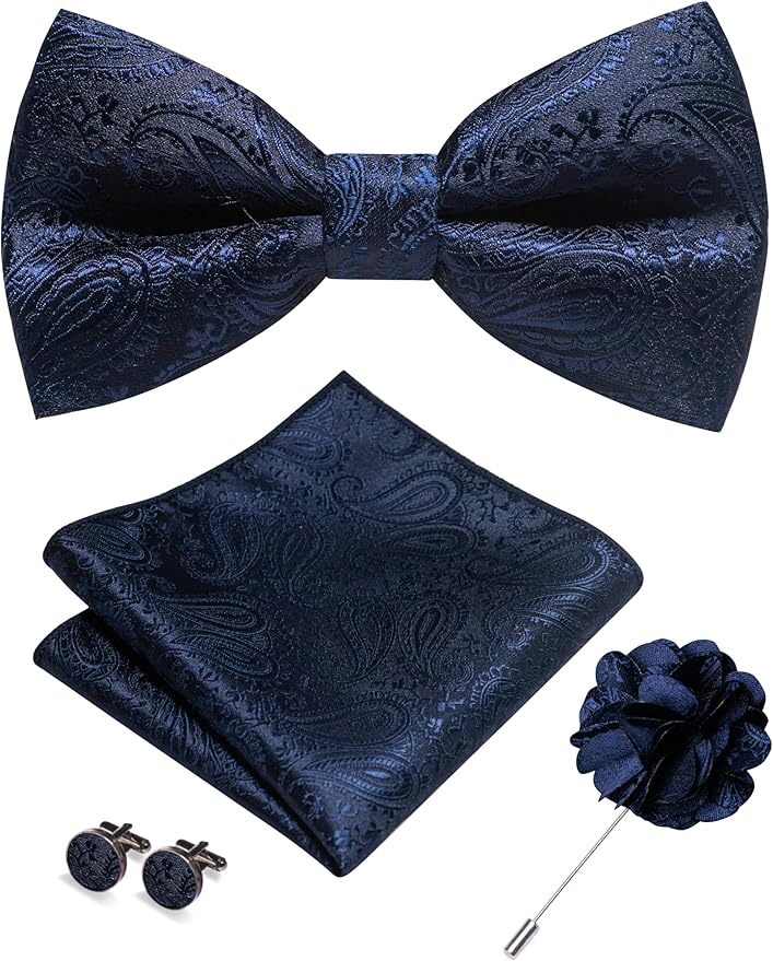 JEMYGINS Mens Paisley Bow Tie and Lapel Pin Necktie Pocket Square and Tie Clip with Sets for Business Casual 4PCS