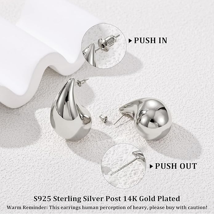 Gacimy Teardrop Earrings Dupes for Women 14K Gold Plated, Chunky Drop Earrings for Women with 925 Sterling Silver Post