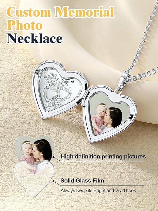 U7 Women Locket Necklace Platinum 14K Gold Photo Lockets that Hold Picture,Chain 20 Inch Personalized Gift Custom Love Heart Image Necklaces