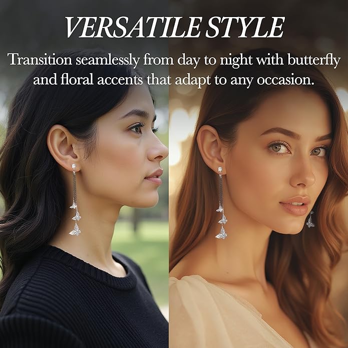 Kruckel Butterfly Dangle Earrings with Crystals (925 Sterling Silver) Includes Present Box – Hypoallergenic, Lightweight, Safe for Sensitive Skin