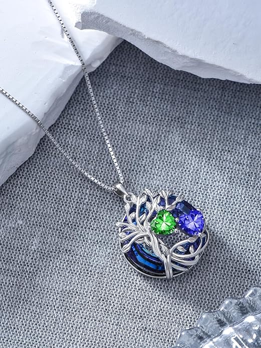 TOUPOP s925 Sterling Silver Family Celtic Tree of Life Pendant Necklaces with 2 Heart Birthstone with Blue Austrian Crystal Jewelry Birthday Anniversary Christmas Gifts for Her Wife Girlfriend Mom (18K Real White Gold Filled)