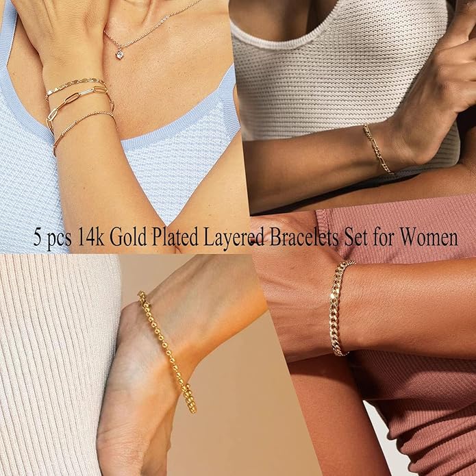 Gold Bracelets for Women Trendy,14K Gold Plated Dainty Stackable Paperclip Cuban Link Chain Bracelets, Simple Cute Cuff Bracelets Jewelry Set Adjustable 7"+2"
