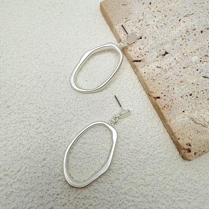 Stud Earrings for Women 14k Gold Plated Geometric Dangle Earrings Lightweight Minimalist Handmade Hammered Texture Oval Disc Drop Double-layer Big Hoop Dangle Earrings for Women