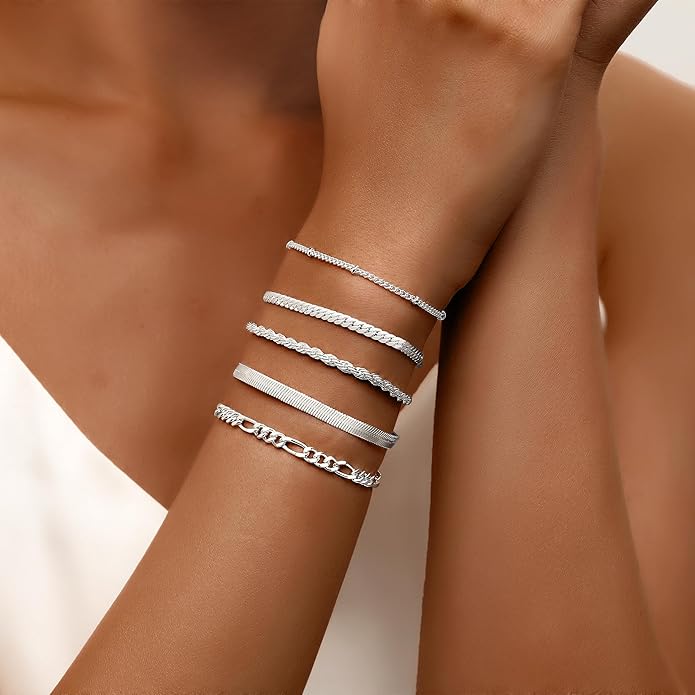 XIANNVXI Gold Plated Bracelets for Women Adjustable 14K Dainty Gold Bracelet Stack for Women Stackable Cuban Link Paperclip Chain Bracelet Set 5PCS Cute Trendy Bracelets for Present