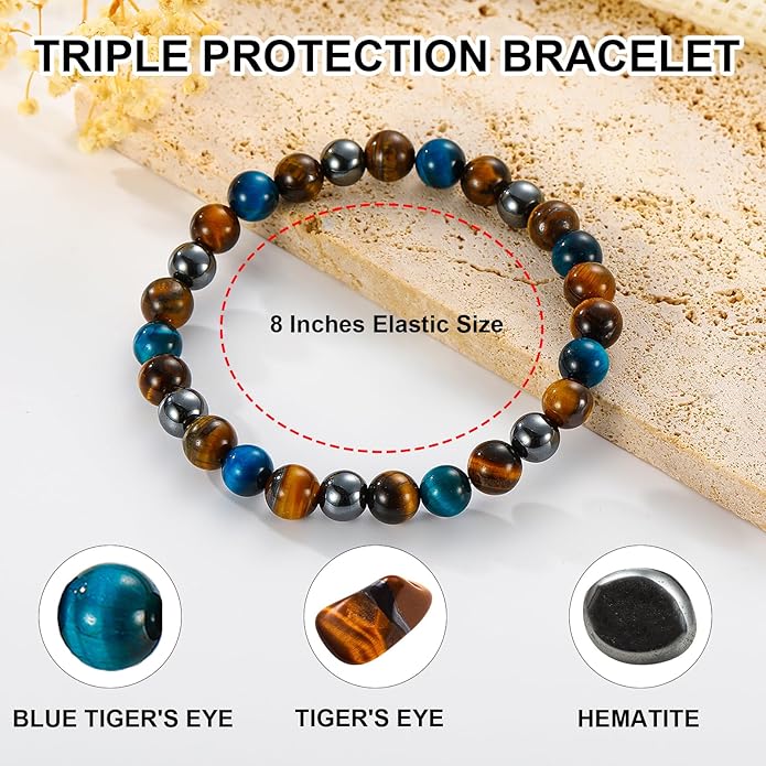Triple Protection Bracelet for Men, Mens Black Obsidian Hematite Tiger Eye Beaded Natural Stone Evil Eye Bracelet Jewelry Gifts for Birthday Christmas