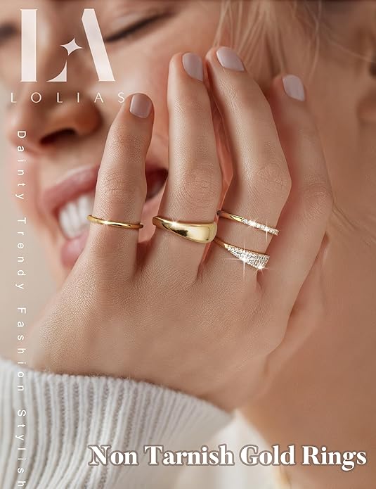 LOLIAS 14K Gold Plated Stackable Rings for Women Non Tarnish - Dainty Cubic Zirconia Wedding Bands Ring Set Minimalist Trendy Statement Engagement Promise Thumb Rings Stacking Size 5-10
