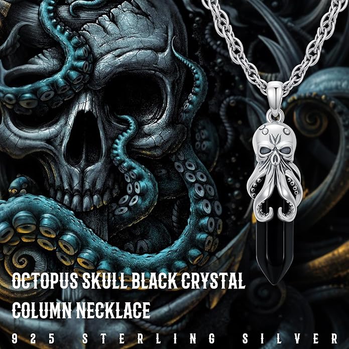 OHAYOO Octopus Tentacles Necklace 925 Sterling Silver Octopus Pendent Necklace Wrapped Obsidian Octopus Jewelry Gifts for Women