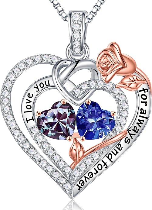 Iefil Rose Heart Necklace Gifts for Wife Women - 925 Sterling Silver Double Birthstone Necklace, Anniversary Birthday Gifts for Women, Jewelry Gift for Wife Girlfriend Mom Her