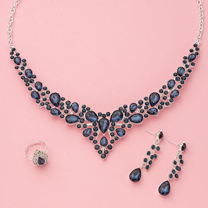 Paxuan Crystal Bridal Wedding Jewelry Sets for Women Rhinestone Teardrop Crystal Statement Choker Necklace Drop Earrings Link Bracelets Rings Teardrop Jewelry Set for Brides Bridesmaids