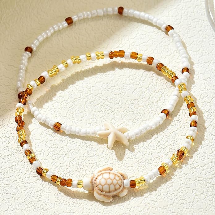 Shell Ankle Bracelet Set for Women, Gold Plated Boho Bead Adjustable Anklet, Hawaiian Beach Seashell Pearl Heart Starfish Conch Foot Jewelry Gifts